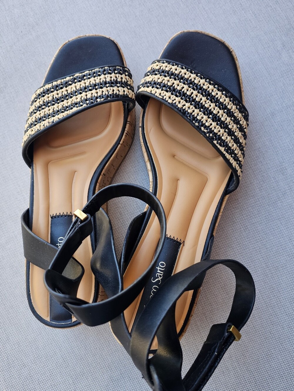 Franco Sarto Black Woven Ankle Strap Cork Heel Sandals Size 7.5 NWOT